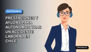 Ilustración plana corporativa de una mujer autónoma con camisa blanca y chaqueta azul, sobre un fondo degradado azul y blanco, representando guía de ayudas laborales en Chile.