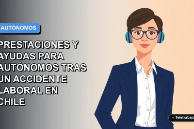 Ilustración plana corporativa de una mujer autónoma con camisa blanca y chaqueta azul, sobre un fondo degradado azul y blanco, representando guía de ayudas laborales en Chile.