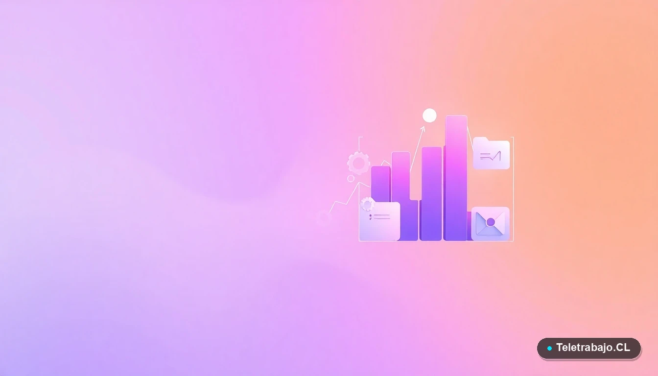 Composición abstracta de interfaz de usuario con gráficos, engranajes y carpetas flotantes en tonos lavanda y durazno, sobre fondo degradado, concepto de gestión de prestaciones para autónomos.