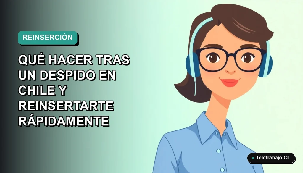 Ilustración plana de mujer profesional chilena con blusa azul y lentes, sobre fondo degradado verde azulado, representando guía de reinserción laboral.