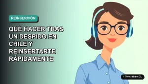 Ilustración plana de mujer profesional chilena con blusa azul y lentes, sobre fondo degradado verde azulado, representando guía de reinserción laboral.