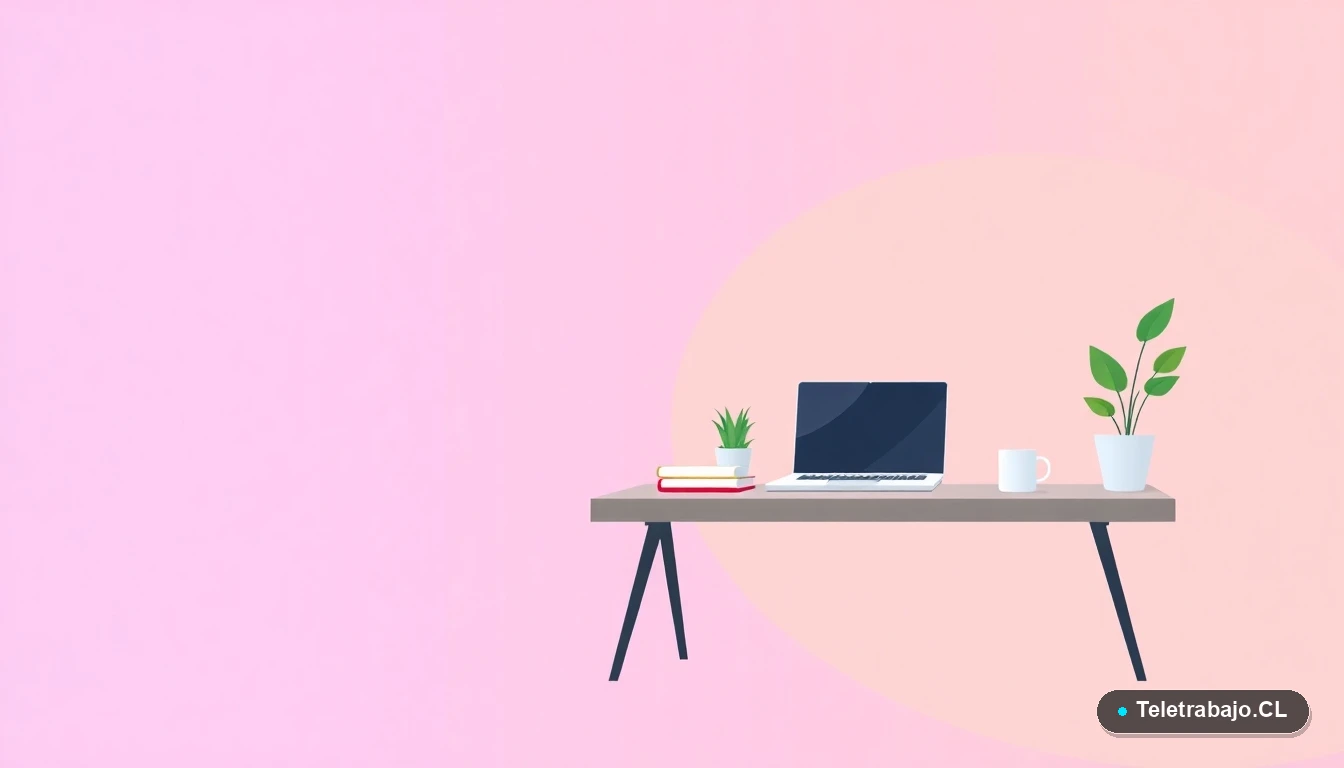 Escritorio moderno minimalista con laptop, cuaderno, planta y taza de café, sobre fondo degradado lavanda y durazno, concepto de espacio de trabajo ordenado.
