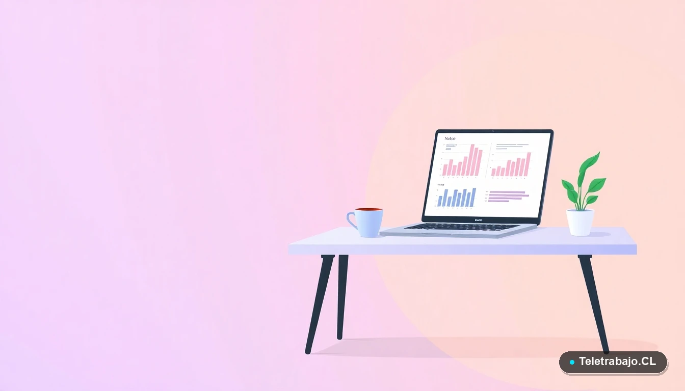 Escritorio moderno minimalista con laptop, taza de café y planta, ilustración plana sobre fondo degradado lavanda y durazno. Concepto de espacio de trabajo autónomo.