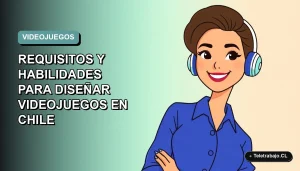 Ilustración plana de mujer profesional chilena sonriente, con blusa azul, mirando a la cámara sobre fondo degradado suave azul verdoso. Concepto de diseño de videojuegos.