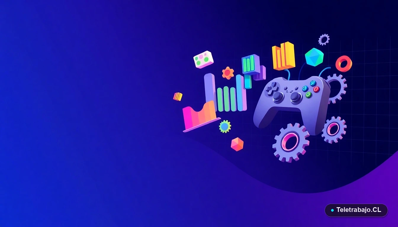 Composición abstracta de interfaz de usuario tecnológica con iconos de motor de videojuegos, gráficos y engranajes flotantes sobre fondo degradado índigo, representando habilidades de desarrollo.