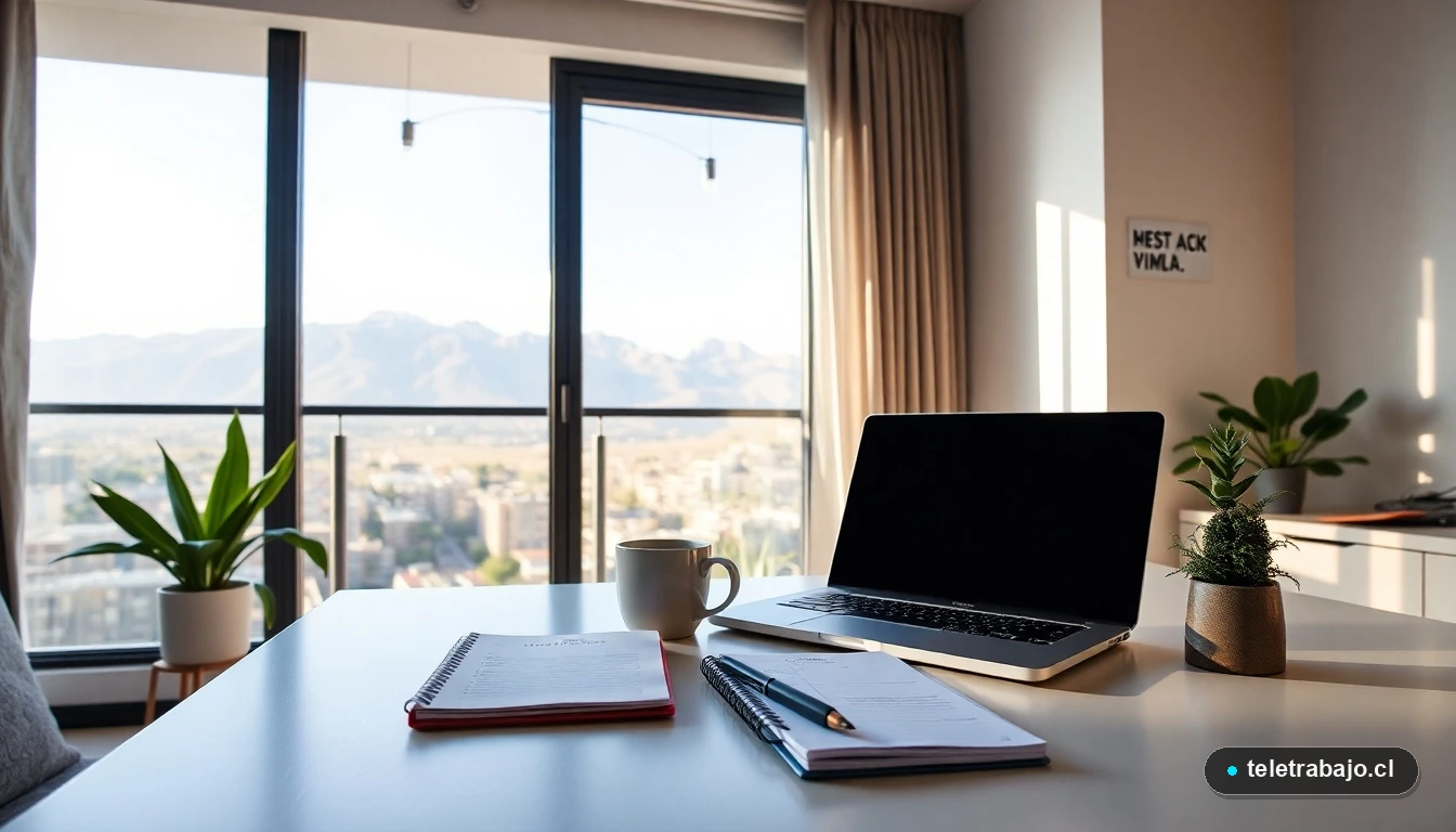Espacio de teletrabajo optimizado y ordenado en un hogar chileno, listo para comenzar el día con productividad.