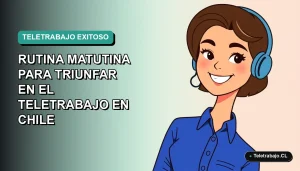 Ilustración plana corporativa de mujer profesional chilena sonriendo, con blusa azul, en teletrabajo. Fondo gradiente suave verde azulado.