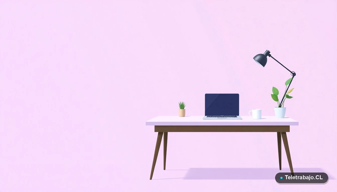 Escritorio moderno minimalista para teletrabajo con laptop, taza de café y planta, ilustración plana. Fondo gradiente lila.