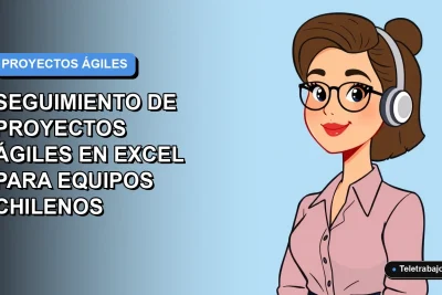 Ilustración plana corporativa de una mujer chilena trabajando remotamente en seguimiento de proyectos ágiles con Excel, fondo degradado azul.