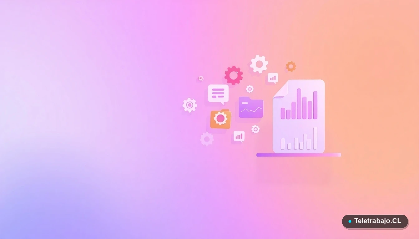 Elementos de interfaz de usuario abstractos y modernos para seguimiento de proyectos: gráficos, engranajes y carpetas flotantes sobre fondo degradado lavanda.