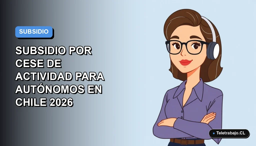 Ilustración vectorial plana de una mujer profesional autónoma, estilo Corporate Memphis, con fondo degradado azul y gris. Representa la guía definitiva del subsidio por cese de actividad para trabajadores independientes en Chile 2026.