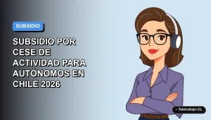 Ilustración vectorial plana de una mujer profesional autónoma, estilo Corporate Memphis, con fondo degradado azul y gris. Representa la guía definitiva del subsidio por cese de actividad para trabajadores independientes en Chile 2026.