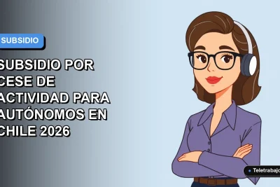 Ilustración vectorial plana de una mujer profesional autónoma, estilo Corporate Memphis, con fondo degradado azul y gris. Representa la guía definitiva del subsidio por cese de actividad para trabajadores independientes en Chile 2026.