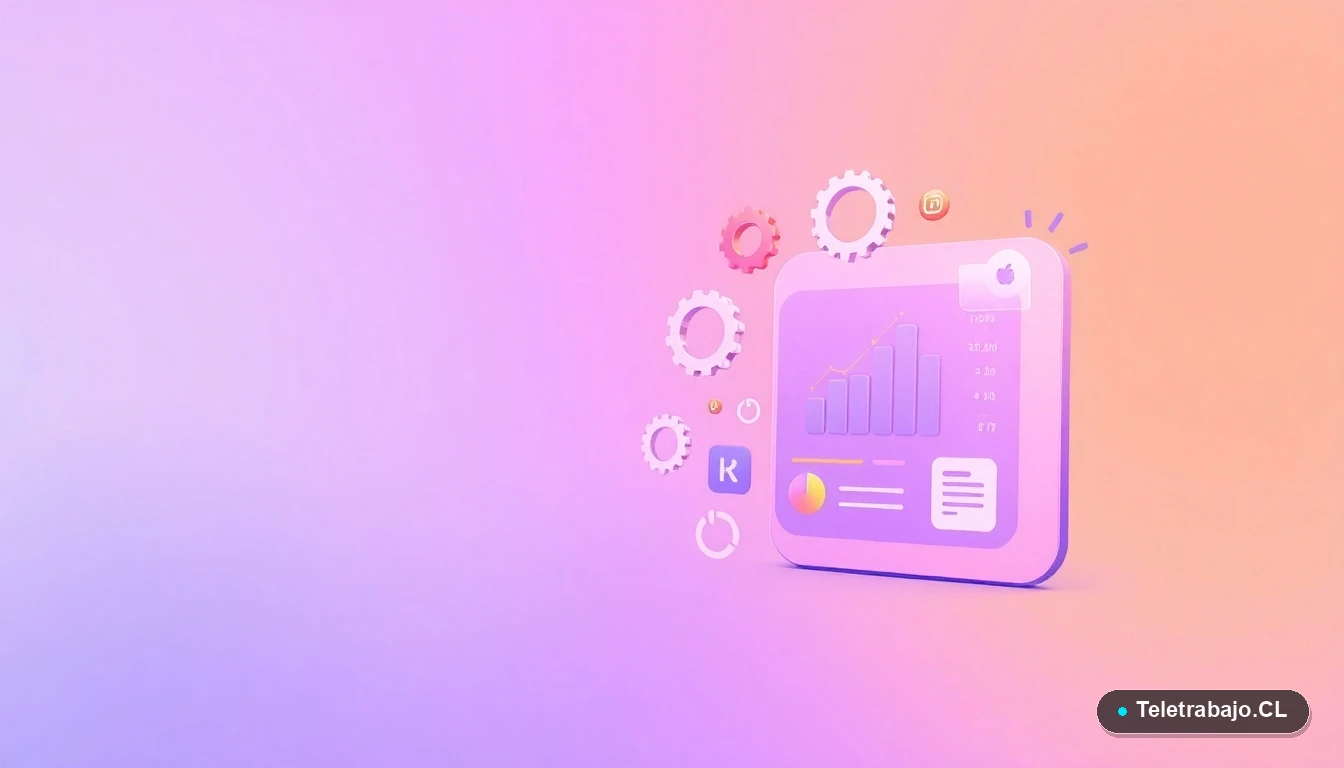 Ilustración abstracta de interfaz tecnológica con gráficos flotantes y engranajes, en colores lavanda y durazno, representando conceptos de gestión y subsidios para autónomos.