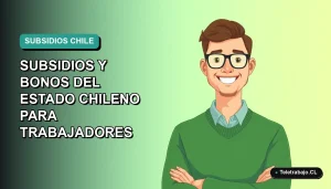 Ilustración plana vectorial de un trabajador chileno sonriendo, con fondo degradado azul verdoso, representando subsidios estatales.