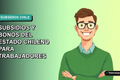 Ilustración plana vectorial de un trabajador chileno sonriendo, con fondo degradado azul verdoso, representando subsidios estatales.