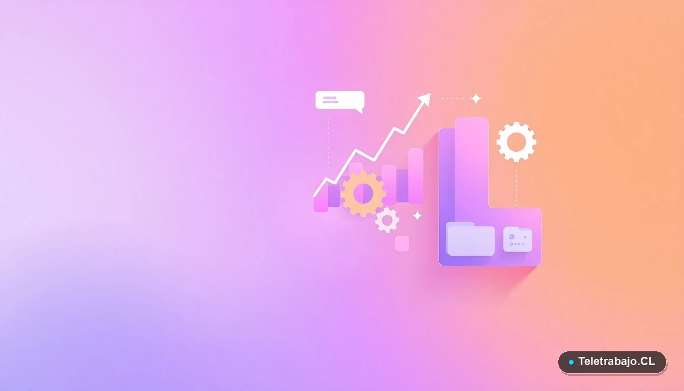 Composición abstracta de interfaz de usuario con gráficos, engranajes y carpetas flotantes, con colores lavanda y durazno, representando conceptos tecnológicos y subsidios.