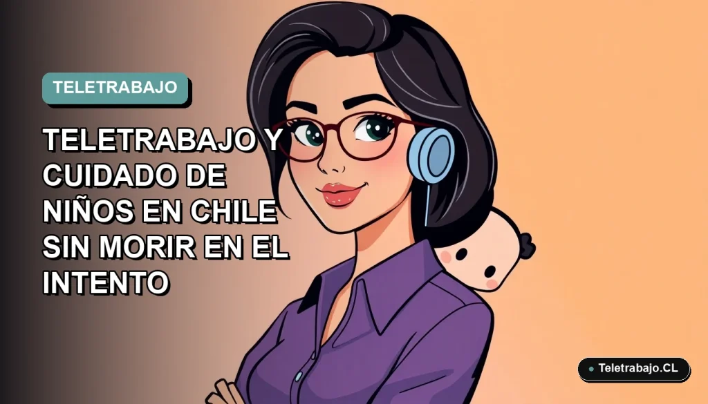 Ilustración plana corporativa de mujer chilena trabajando desde casa con su hijo pequeño, fondo degradado azul verdoso.