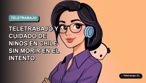Ilustración plana corporativa de mujer chilena trabajando desde casa con su hijo pequeño, fondo degradado azul verdoso.