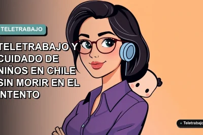 Ilustración plana corporativa de mujer chilena trabajando desde casa con su hijo pequeño, fondo degradado azul verdoso.