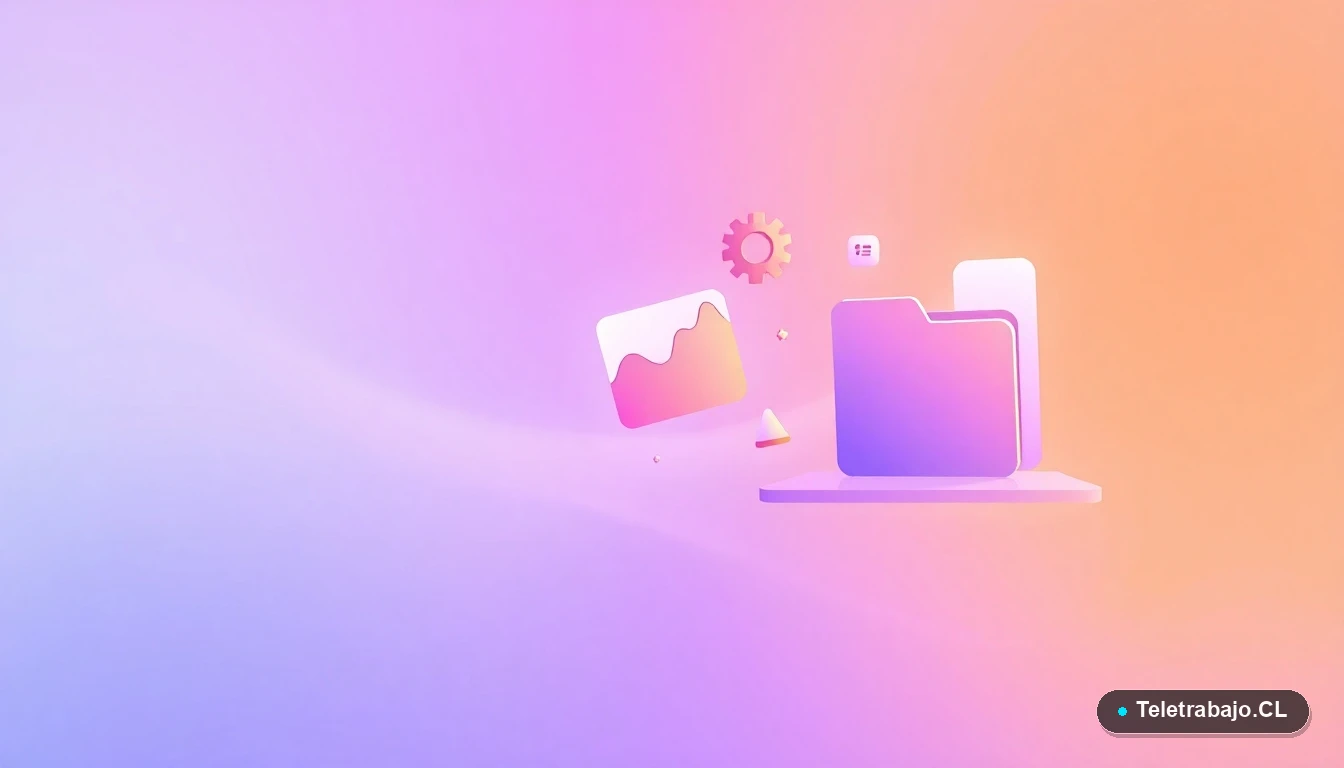 Elementos gráficos abstractos de interfaz de usuario, gráficos flotantes y engranajes, representando productividad y tecnología para el teletrabajo.