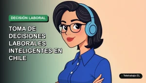 Ilustración vectorial plana de una mujer profesional chilena de teletrabajo, con blusa azul y corte de pelo moderno, sobre fondo degradado verde suave. Espacio negativo a la izquierda.