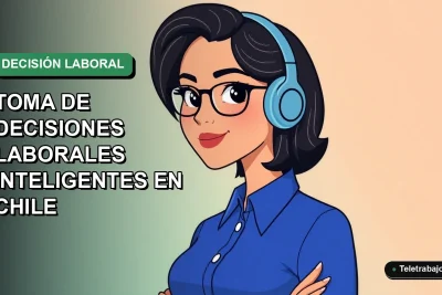 Ilustración vectorial plana de una mujer profesional chilena de teletrabajo, con blusa azul y corte de pelo moderno, sobre fondo degradado verde suave. Espacio negativo a la izquierda.