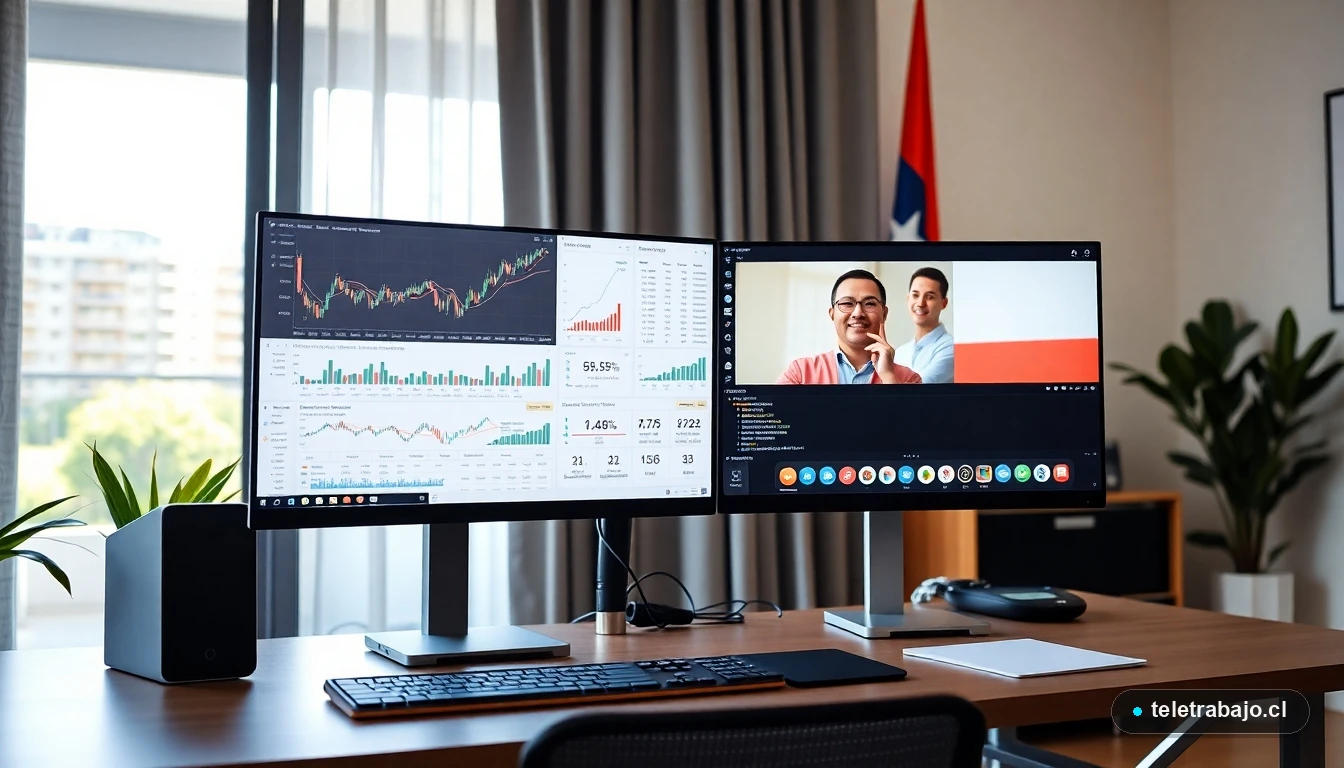 Home office moderno en Santiago para trabajo remoto internacional con computador y pantallas