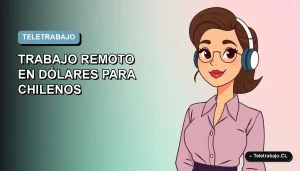 Ilustración plana corporativa de mujer chilena trabajando remotamente con laptop, fondo degradado azul y gris.
