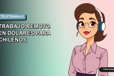 Ilustración plana corporativa de mujer chilena trabajando remotamente con laptop, fondo degradado azul y gris.