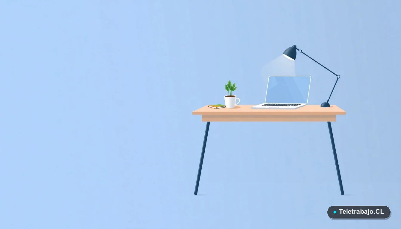 Escritorio moderno minimalista para trabajo remoto con laptop, café y planta, ilustración plana sobre fondo degradado.
