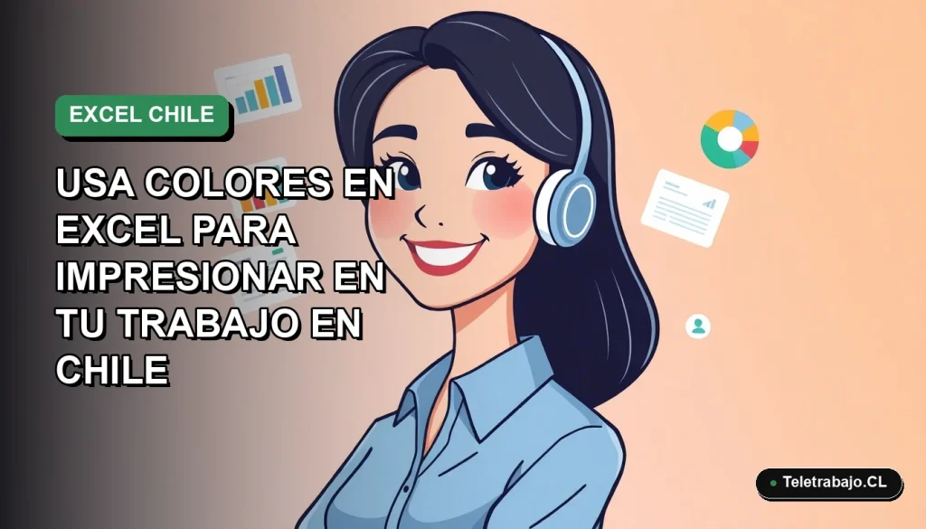 Ilustración vectorial plana de una trabajadora remota chilena sonriente, con blusa azul, junto a gráficos coloridos de Excel. Fondo con gradiente suave de verde.