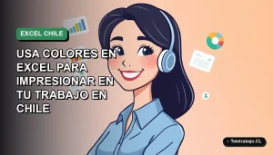 Ilustración vectorial plana de una trabajadora remota chilena sonriente, con blusa azul, junto a gráficos coloridos de Excel. Fondo con gradiente suave de verde.