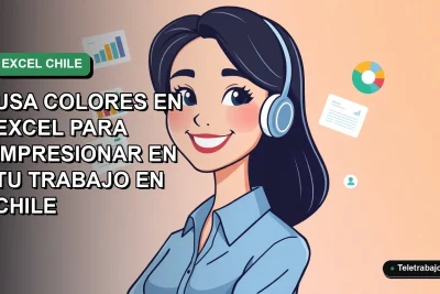 Ilustración vectorial plana de una trabajadora remota chilena sonriente, con blusa azul, junto a gráficos coloridos de Excel. Fondo con gradiente suave de verde.