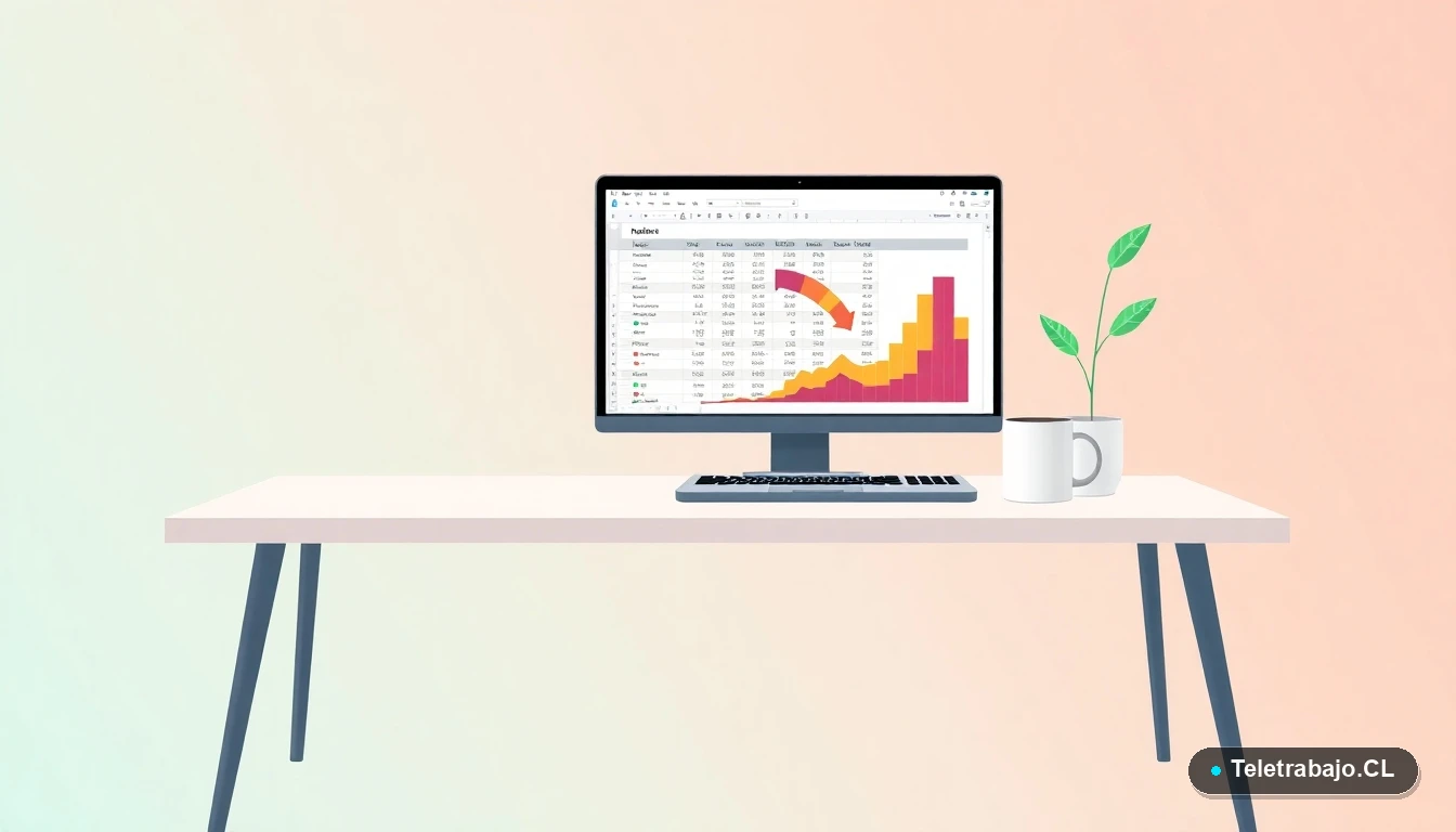 Escritorio moderno minimalista con laptop mostrando una hoja de cálculo de Excel con mapa de calor en colores. Fondo gradiente frío.