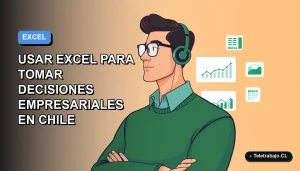 Ilustración plana de un trabajador remoto masculino en estilo vectorial moderno, junto a gráficos de Excel, sobre fondo degradado azul y gris.