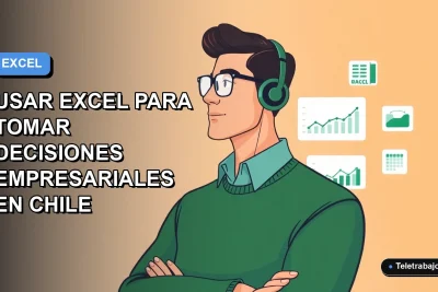 Ilustración plana de un trabajador remoto masculino en estilo vectorial moderno, junto a gráficos de Excel, sobre fondo degradado azul y gris.