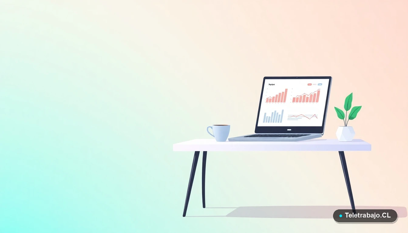 Escritorio moderno minimalista con laptop, gráficos de datos, taza de café y planta, ilustración vectorial plana sobre fondo degradado de menta y verde azulado.