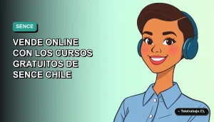 Ilustración plana de mujer profesional chilena sonriente con blusa azul, sobre fondo degradado verde agua, representando cursos gratuitos SENCE para vender por internet.