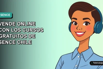Ilustración plana de mujer profesional chilena sonriente con blusa azul, sobre fondo degradado verde agua, representando cursos gratuitos SENCE para vender por internet.