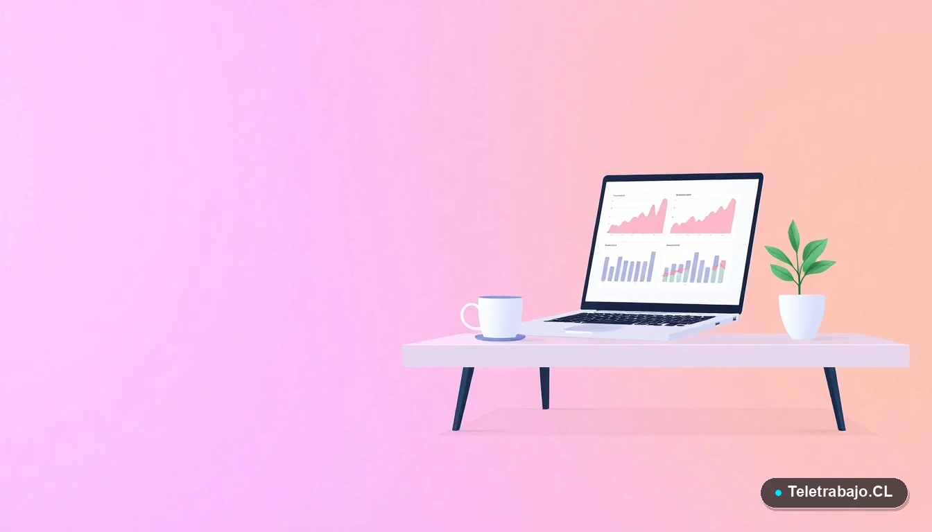 Escritorio moderno minimalista con laptop, gráficos abstractos, taza de café y planta, sobre fondo degradado lavanda, representando capacitación digital y emprendimiento online.