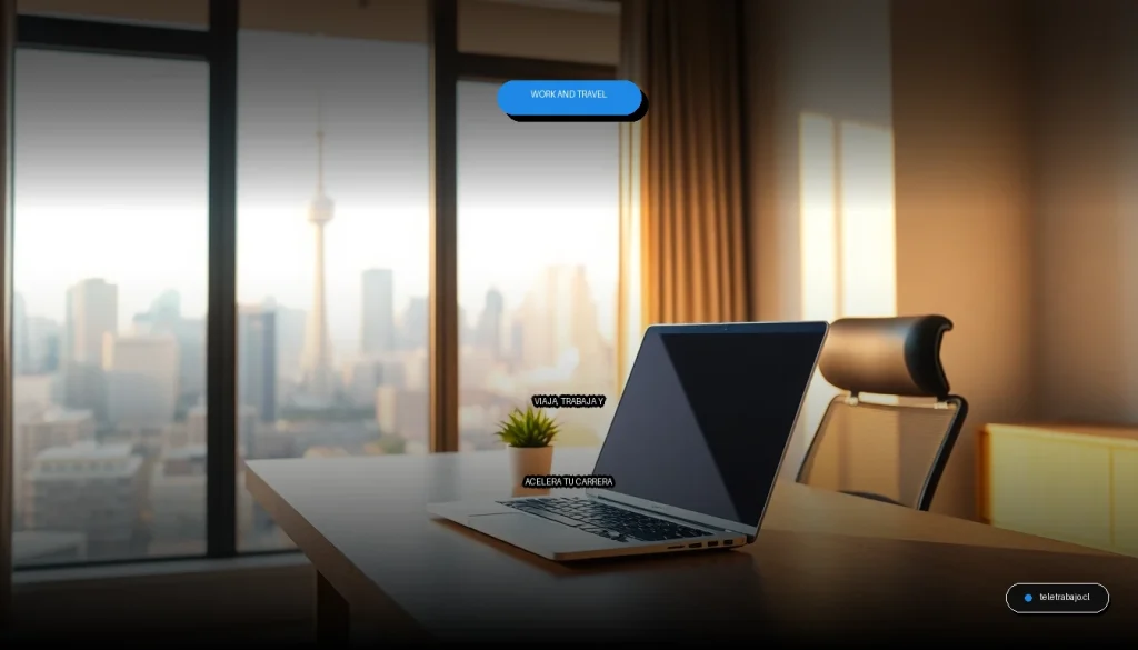 Guía completa del programa Work and Travel 2026 para jóvenes profesionales, mostrando un portátil en una oficina moderna con vista a un paisaje urbano internacional.