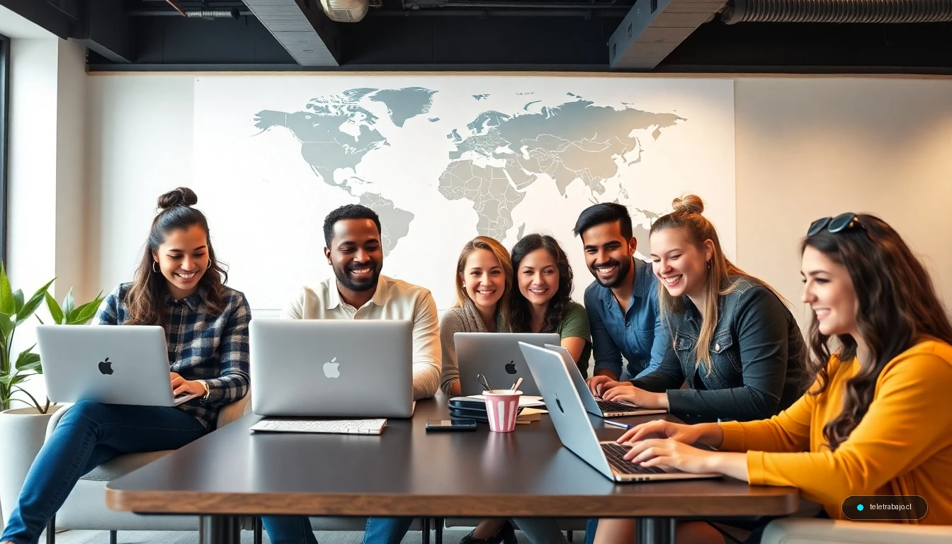 Jóvenes profesionales trabajando de forma remota en un espacio de coworking con un mapa del mundo, estilo nómada digital