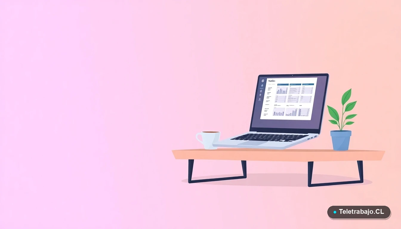 Escritorio moderno minimalista con laptop abierto mostrando celdas de Excel, taza de café y planta, sobre fondo degradado lavanda y durazno. Ilustración plana para curso de Excel.