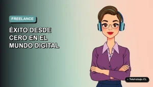 Ilustración plana vectorial de una mujer profesional freelance trabajando de forma remota con una laptop, sobre un fondo degradado suave.