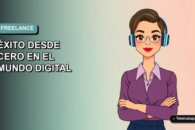 Ilustración plana vectorial de una mujer profesional freelance trabajando de forma remota con una laptop, sobre un fondo degradado suave.