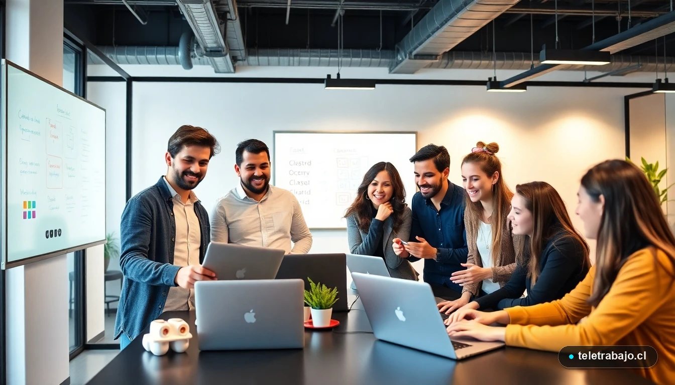 Jóvenes profesionales chilenos colaborando en un espacio de trabajo moderno y digital en Santiago