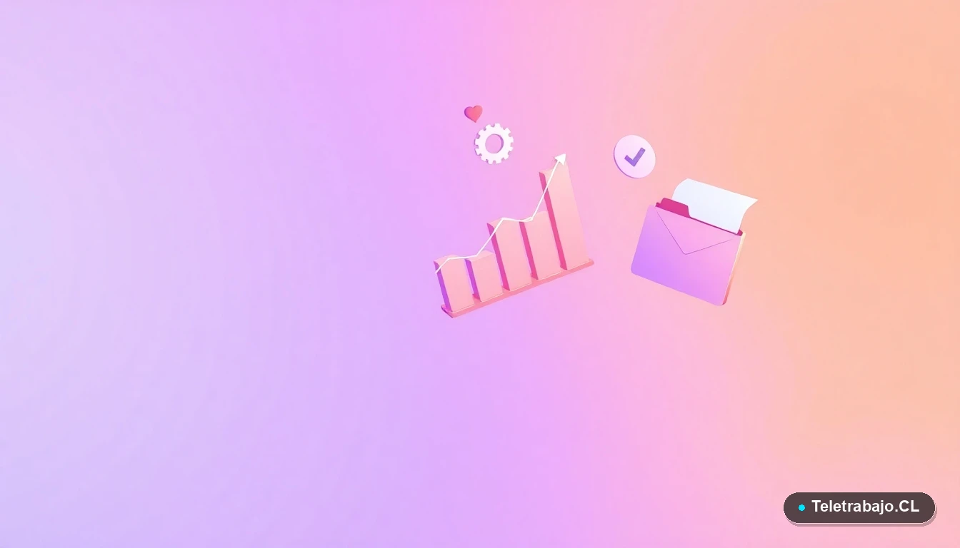 Composición abstracta de interfaz tecnológica con gráficos en ascenso, un engranaje y una carpeta, en tonos lavanda y durazno, sobre fondo degradado. Concepto de datos, tecnología y éxito profesional.
