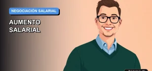 Ilustración vectorial plana de estilo Corporativo Memphis de un trabajador profesional masculino, con fondo degradado azul, representando la negociación de un aumento de sueldo en Chile.