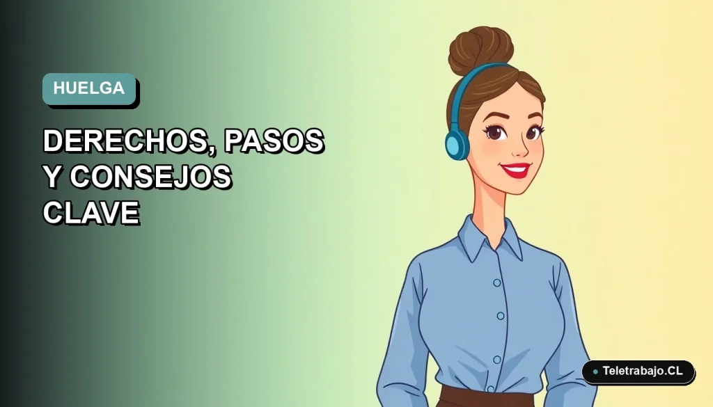 Ilustración plana corporativa de una trabajadora remota con blusa azul y pelo recogido, sobre fondo degradado azul verdoso, para guía legal sobre huelgas en Chile.